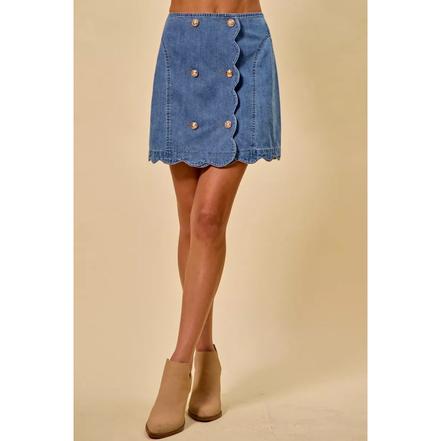 SO ME Denim Scalloped Buttoned Front Skirt Apparel and Accessories