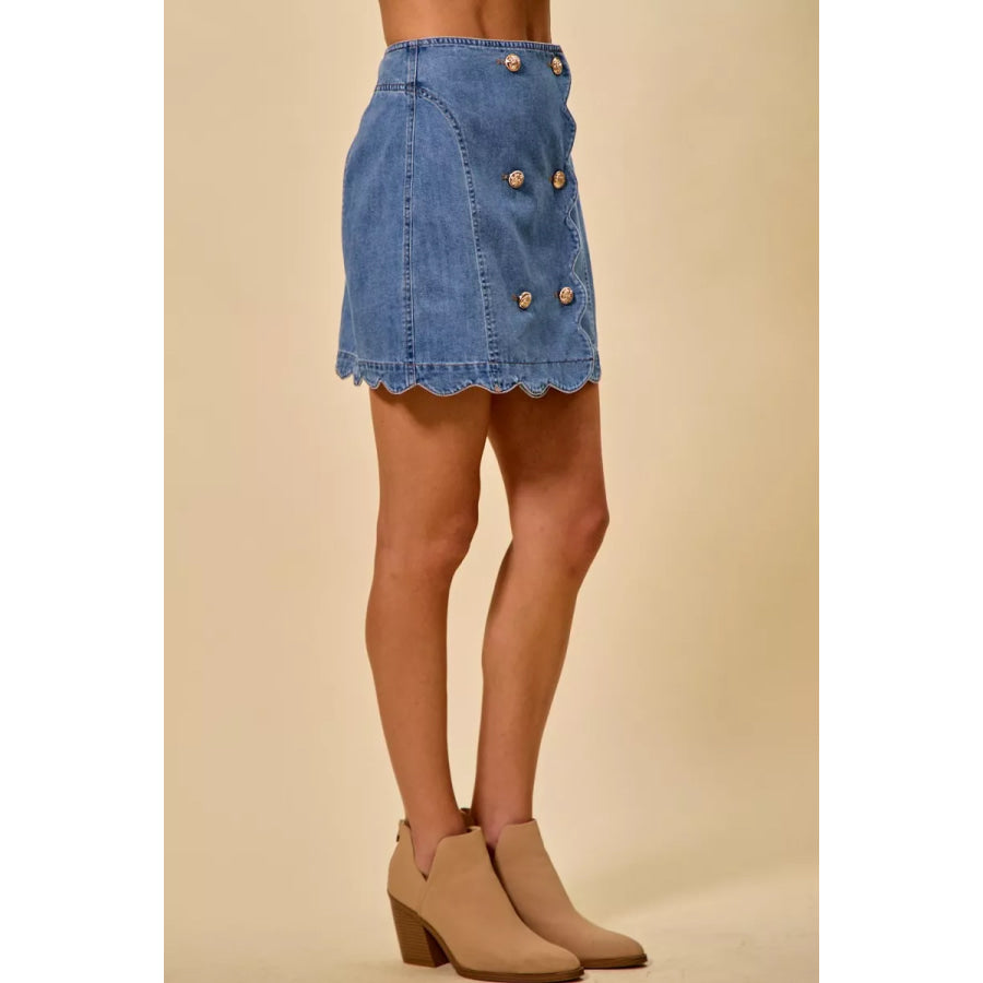 SO ME Denim Scalloped Buttoned Front Skirt Apparel and Accessories