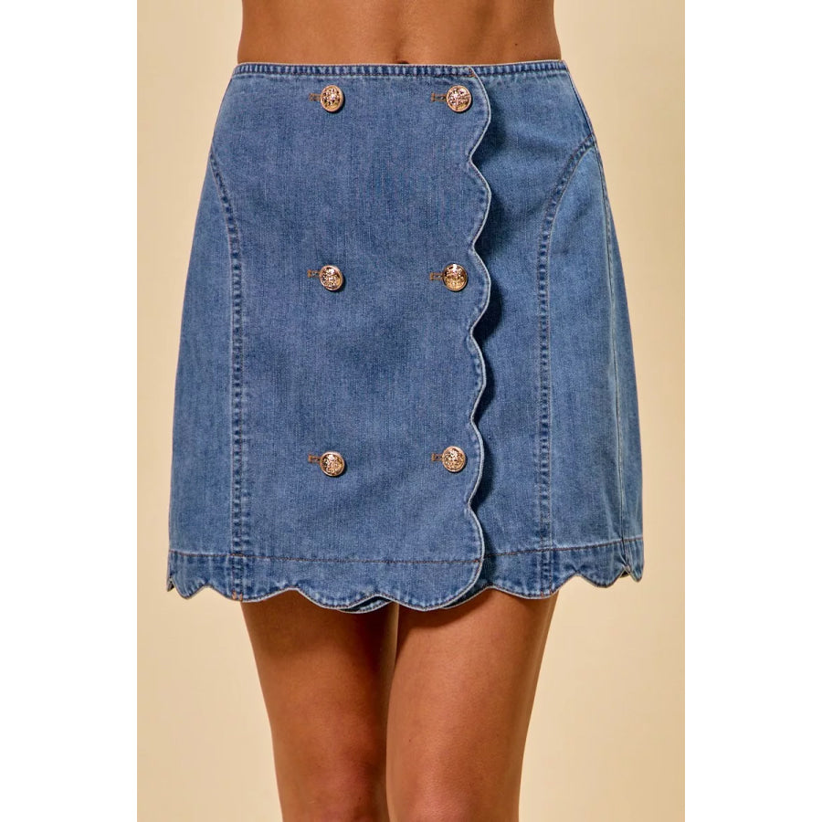 SO ME Denim Scalloped Buttoned Front Skirt Denim / S Apparel and Accessories