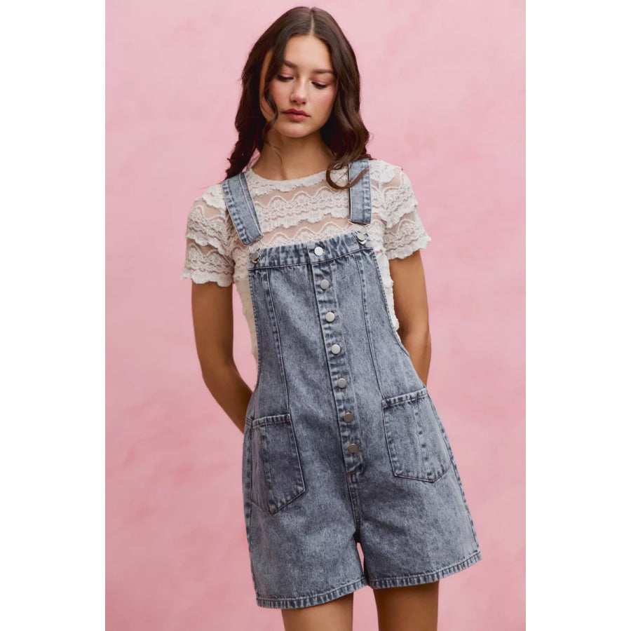 SO ME Denim Washed On Front With Adjustable Strap Romper LT DENIM / S Apparel and Accessories