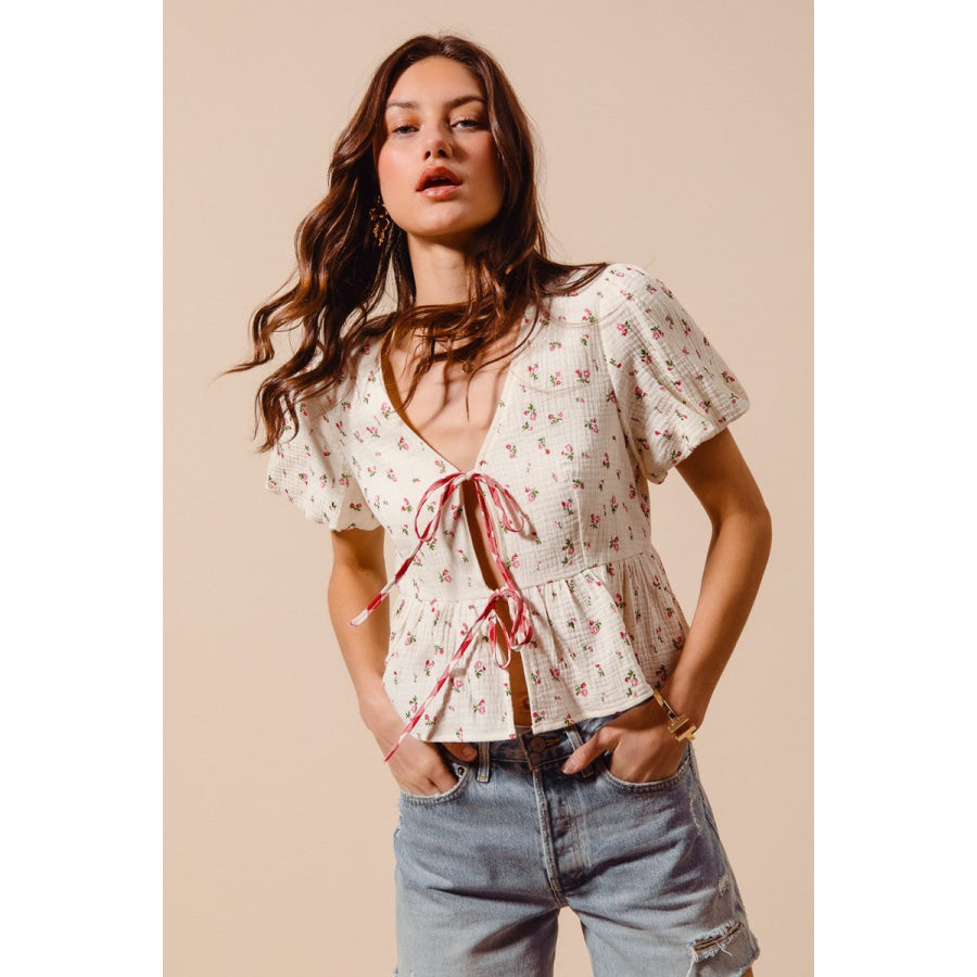 SO ME Ditsy Floral Print Gauze Tie-Front Blouse Apparel and Accessories