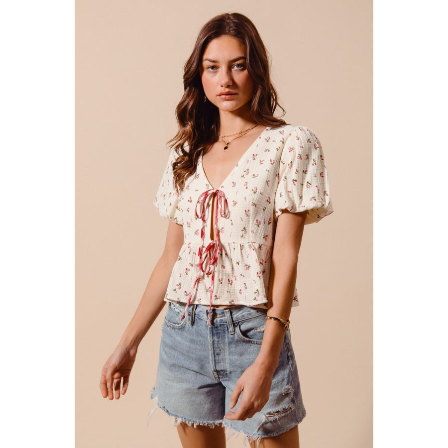 SO ME Ditsy Floral Print Gauze Tie-Front Blouse Apparel and Accessories