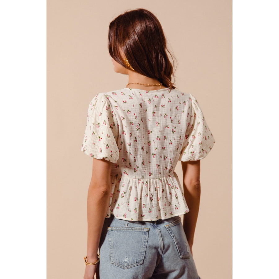 SO ME Ditsy Floral Print Gauze Tie-Front Blouse Apparel and Accessories