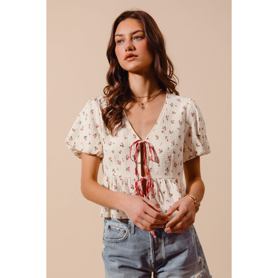 SO ME Ditsy Floral Print Gauze Tie-Front Blouse Apparel and Accessories