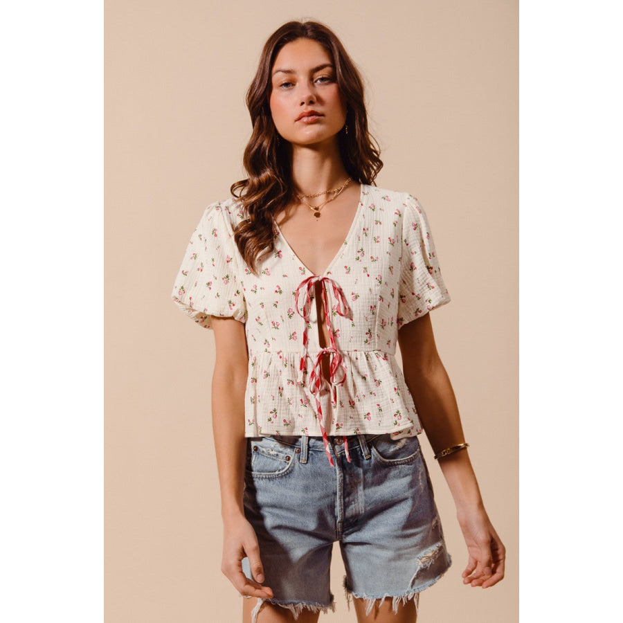 SO ME Ditsy Floral Print Gauze Tie-Front Blouse Apparel and Accessories