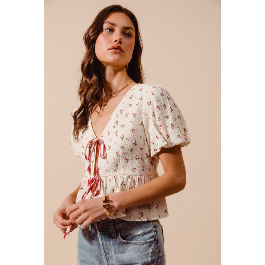 SO ME Ditsy Floral Print Gauze Tie-Front Blouse Apparel and Accessories