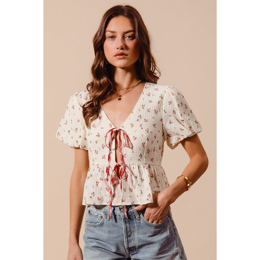 SO ME Ditsy Floral Print Gauze Tie-Front Blouse Apparel and Accessories