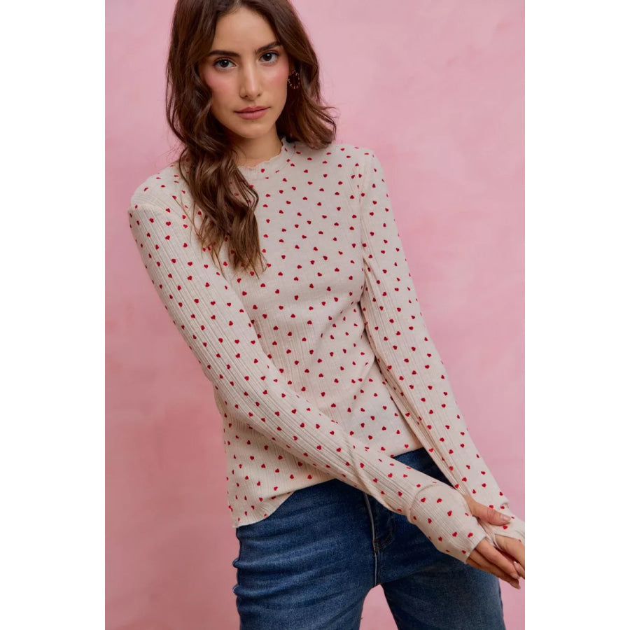 SO ME Ditsy Heart All Over Slub Rib Knit Valentine Top Apparel and Accessories