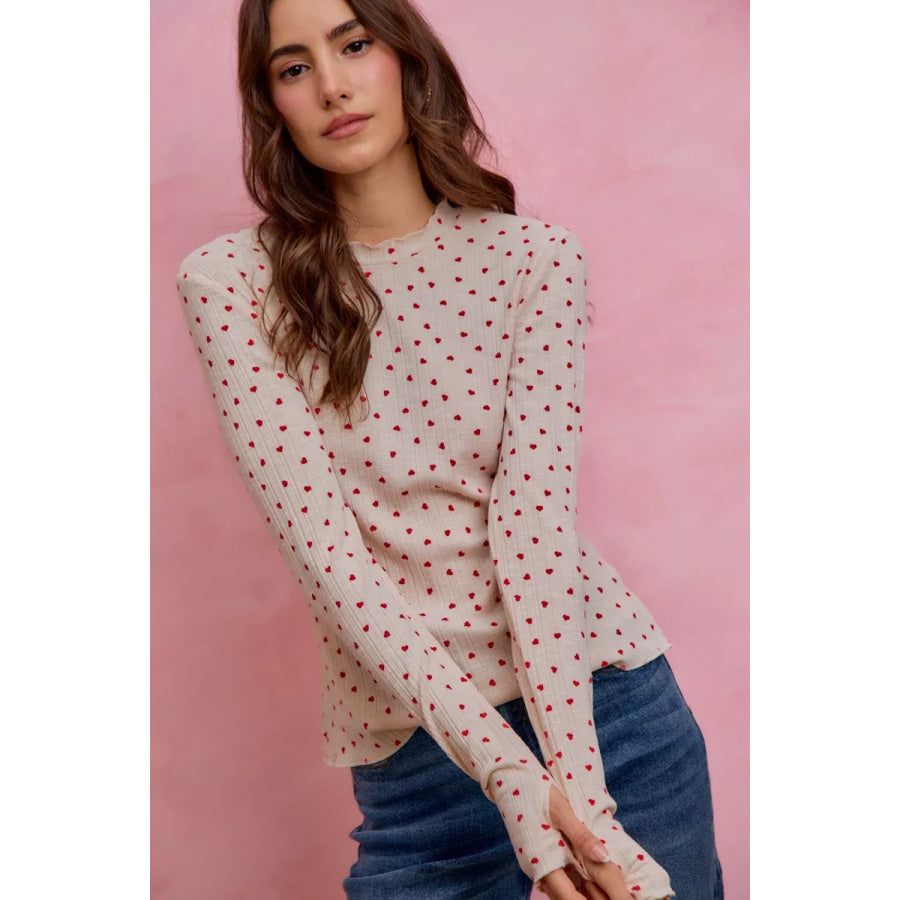 SO ME Ditsy Heart All Over Slub Rib Knit Valentine Top Apparel and Accessories
