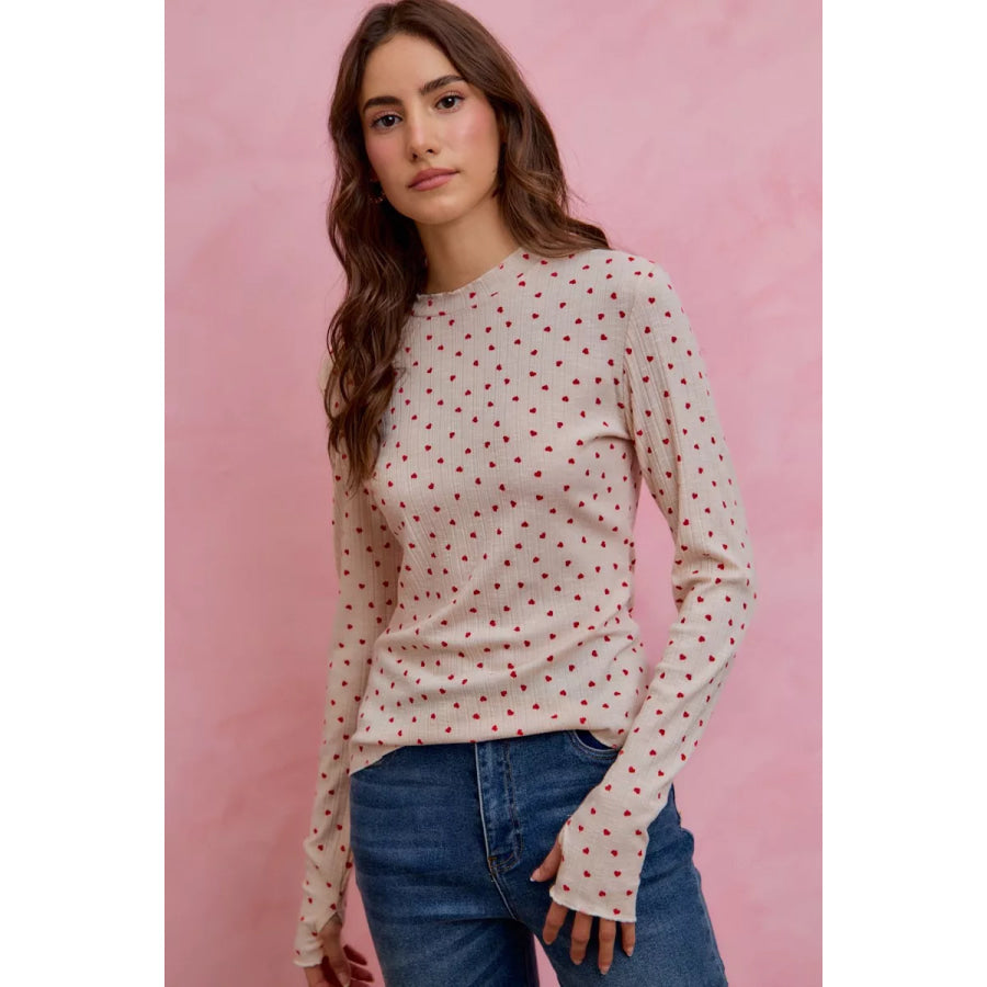 SO ME Ditsy Heart All Over Slub Rib Knit Valentine Top Apparel and Accessories