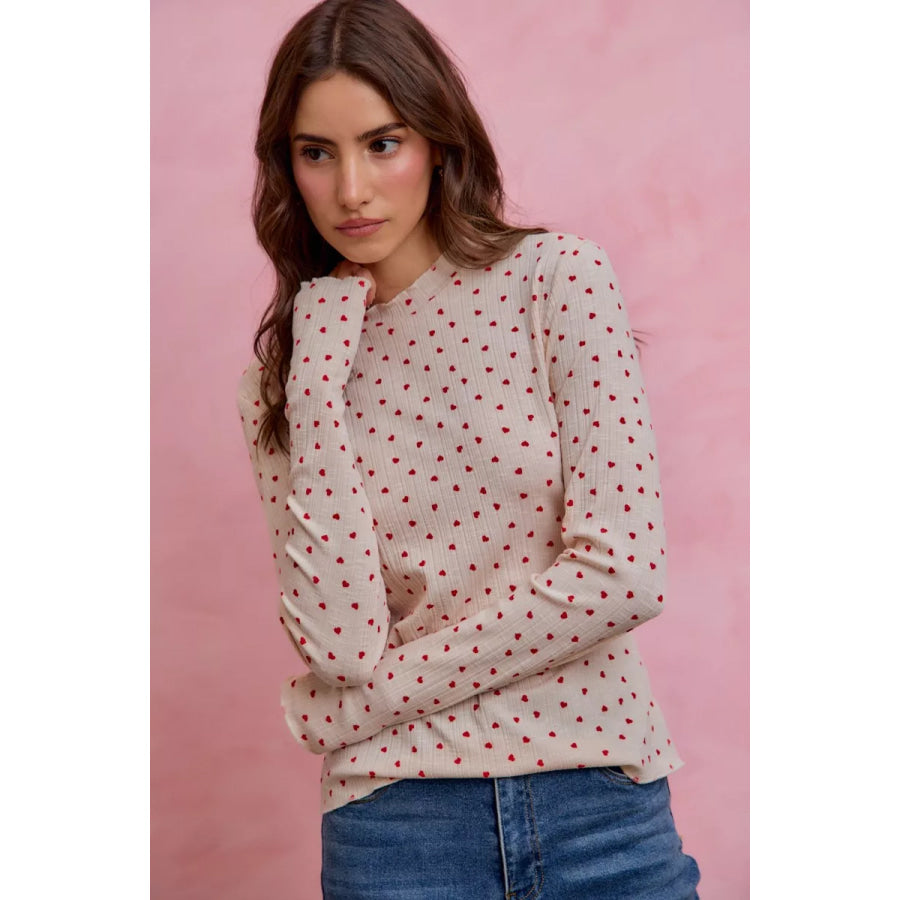 SO ME Ditsy Heart All Over Slub Rib Knit Valentine Top OATMEAL/RED / S Apparel and Accessories
