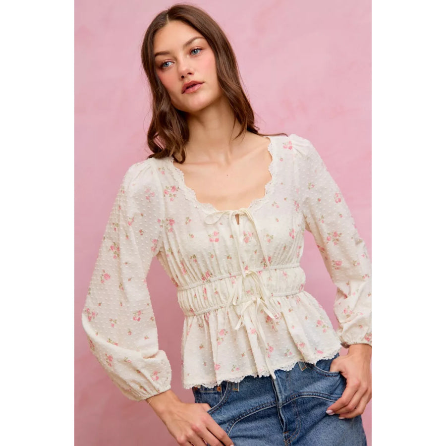 SO ME Floral Clip Dot Lace Trim Ruched Bodice Blouse Apparel and Accessories