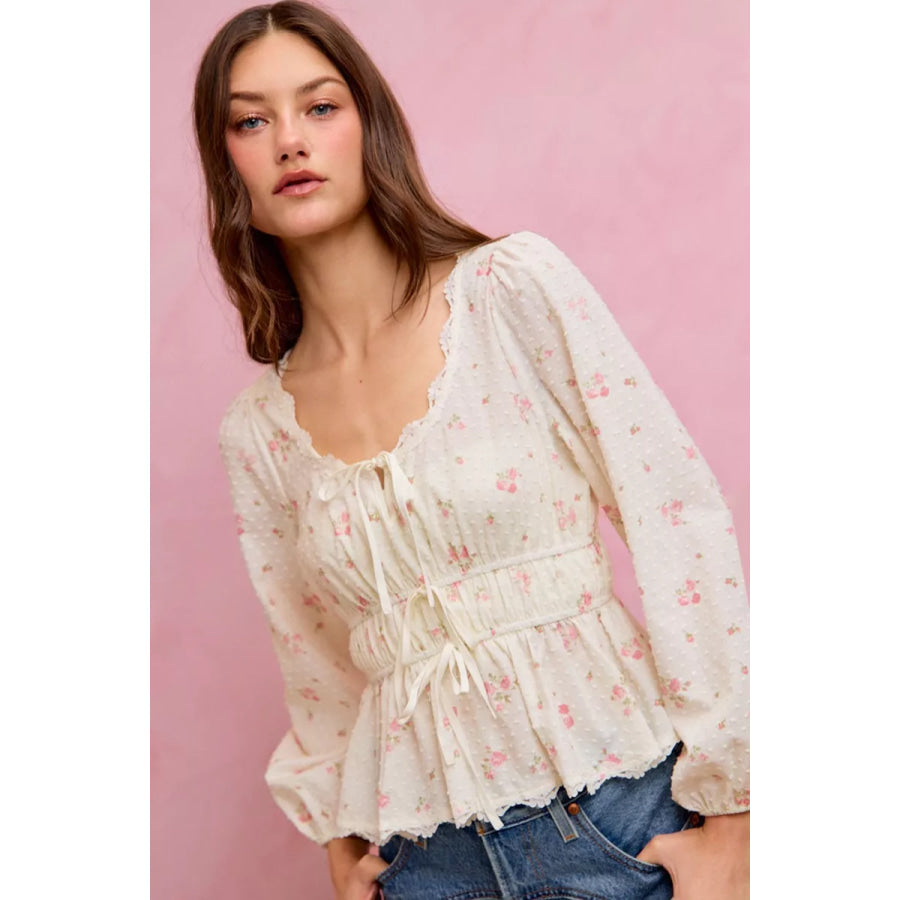 SO ME Floral Clip Dot Lace Trim Ruched Bodice Blouse Apparel and Accessories