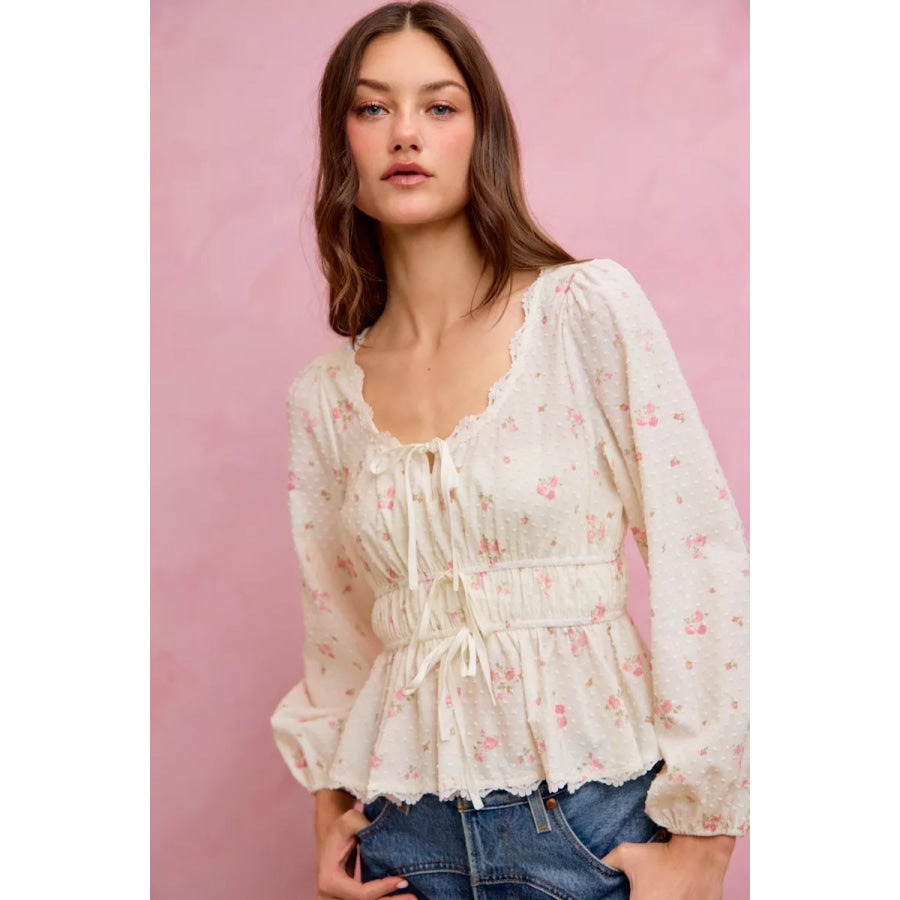 SO ME Floral Clip Dot Lace Trim Ruched Bodice Blouse Apparel and Accessories