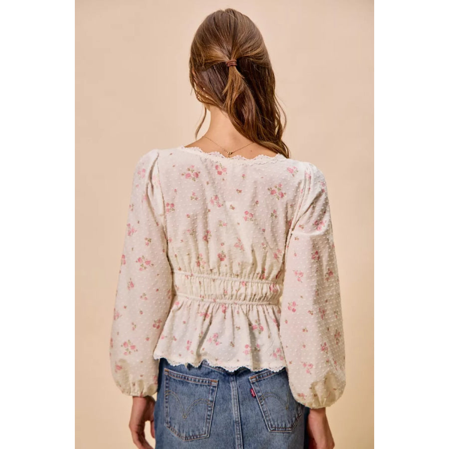 SO ME Floral Clip Dot Lace Trim Ruched Bodice Blouse Apparel and Accessories