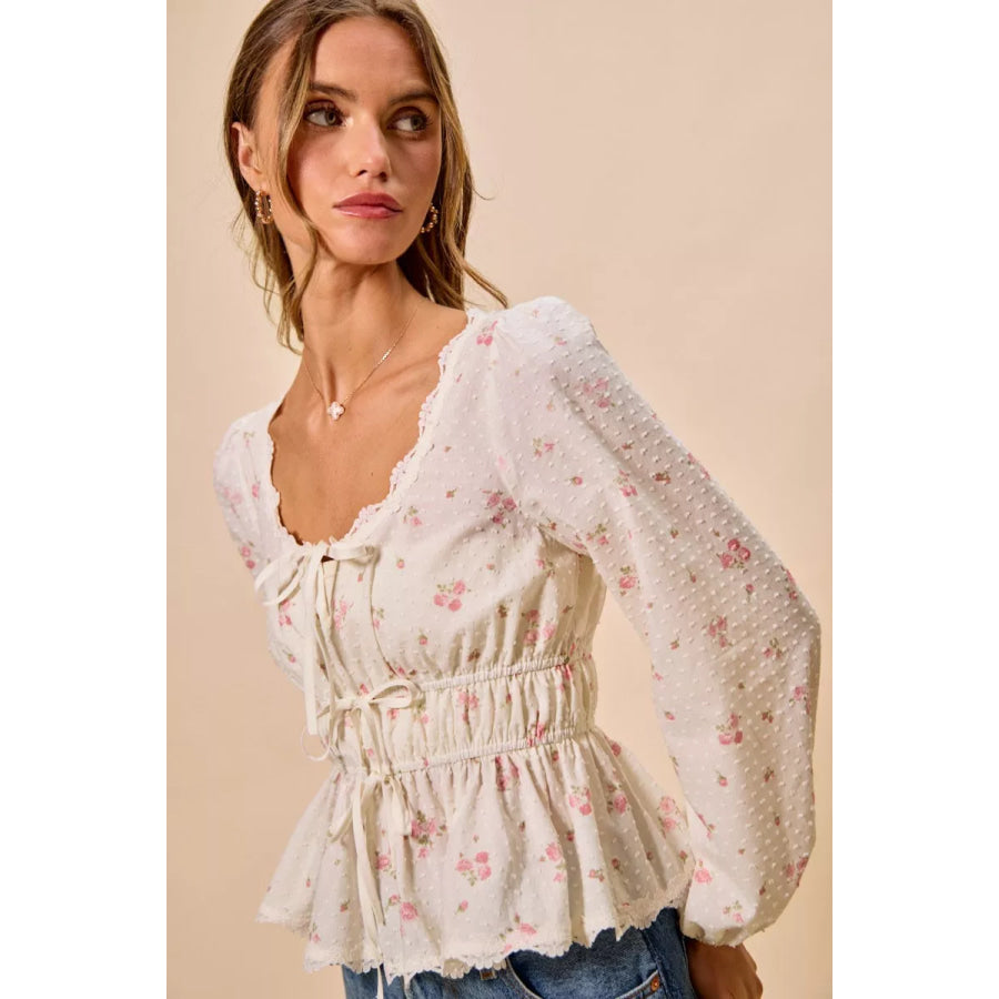SO ME Floral Clip Dot Lace Trim Ruched Bodice Blouse Apparel and Accessories