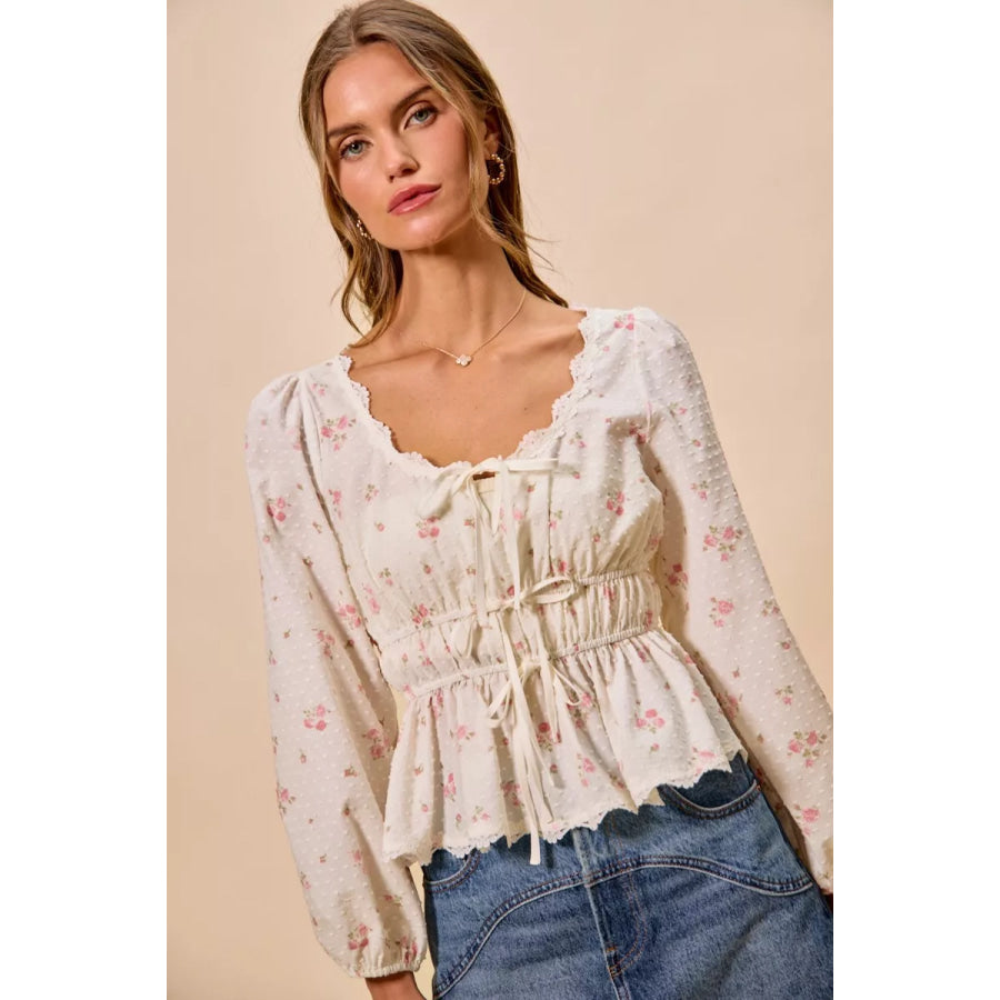 SO ME Floral Clip Dot Lace Trim Ruched Bodice Blouse Apparel and Accessories