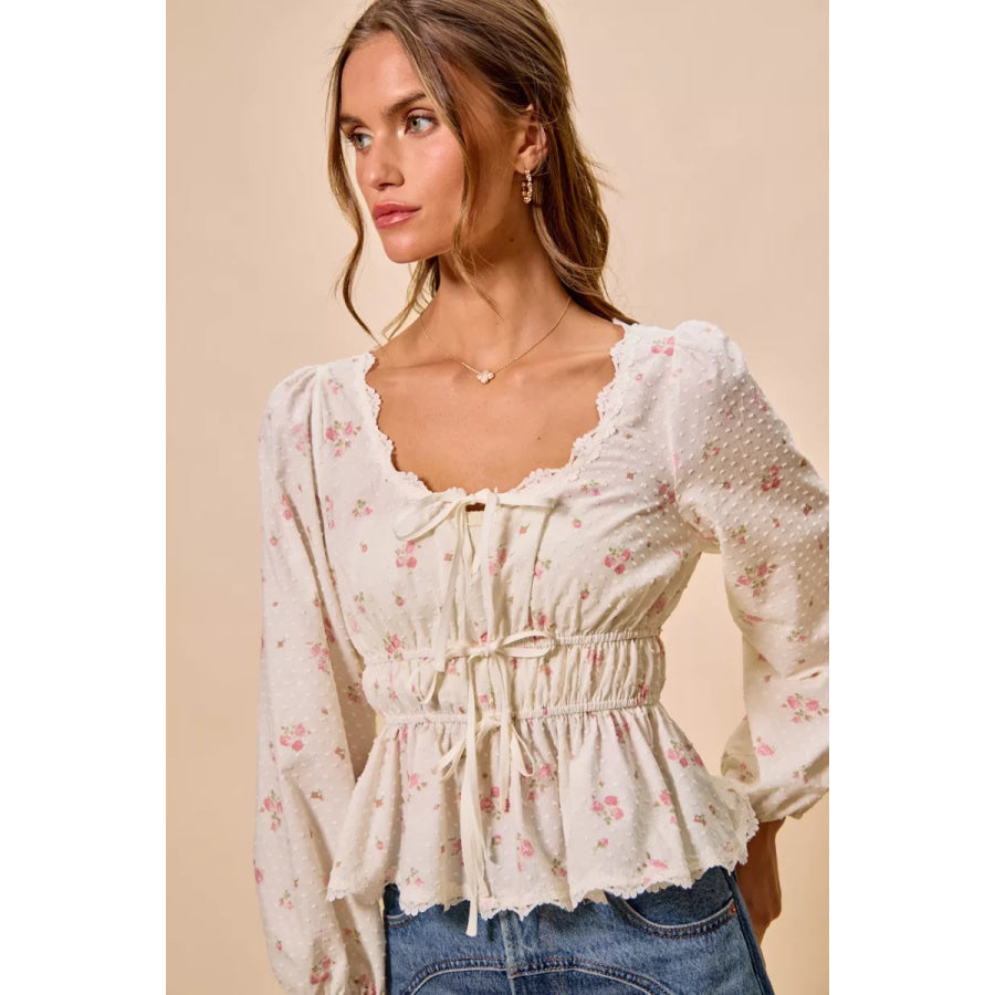 SO ME Floral Clip Dot Lace Trim Ruched Bodice Blouse Apparel and Accessories