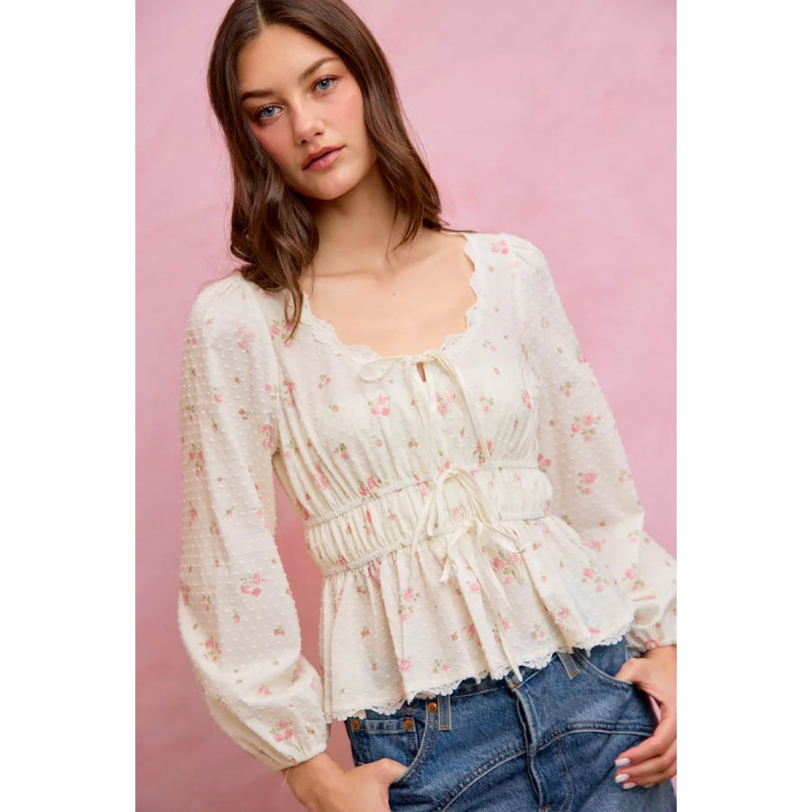 SO ME Floral Clip Dot Lace Trim Ruched Bodice Blouse Apparel and Accessories
