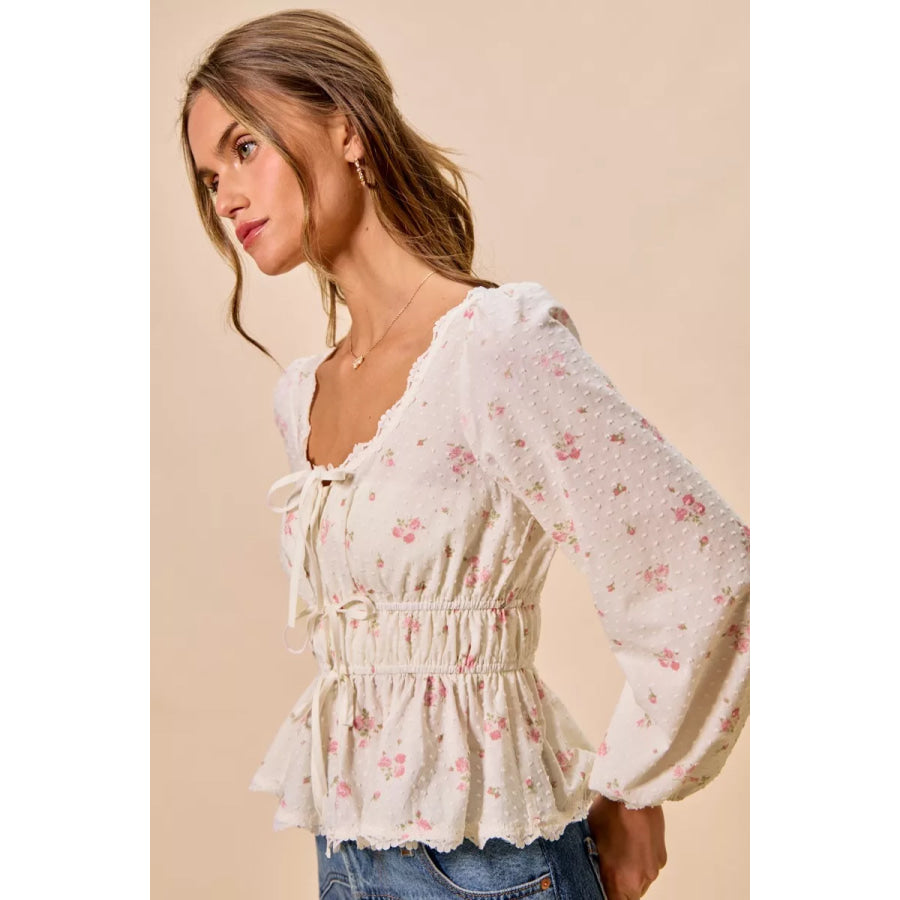 SO ME Floral Clip Dot Lace Trim Ruched Bodice Blouse Apparel and Accessories