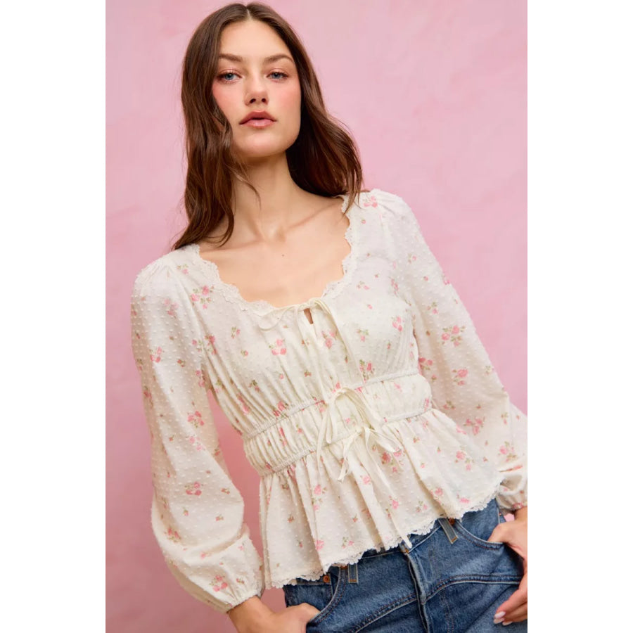 SO ME Floral Clip Dot Lace Trim Ruched Bodice Blouse Apparel and Accessories