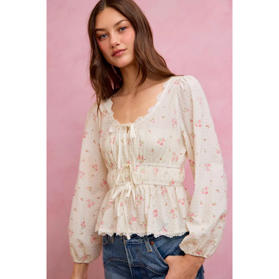 SO ME Floral Clip Dot Lace Trim Ruched Bodice Blouse Apparel and Accessories