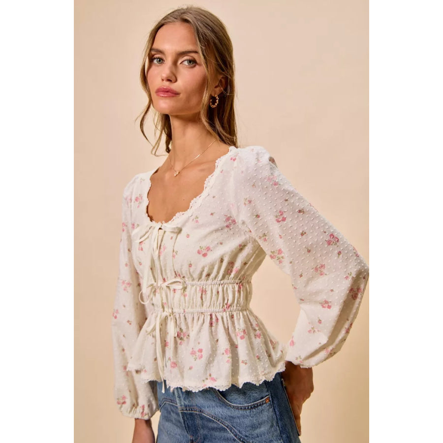 SO ME Floral Clip Dot Lace Trim Ruched Bodice Blouse Apparel and Accessories