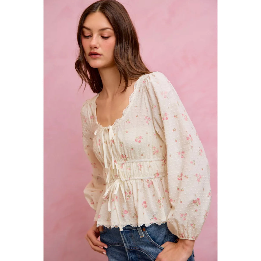 SO ME Floral Clip Dot Lace Trim Ruched Bodice Blouse Apparel and Accessories
