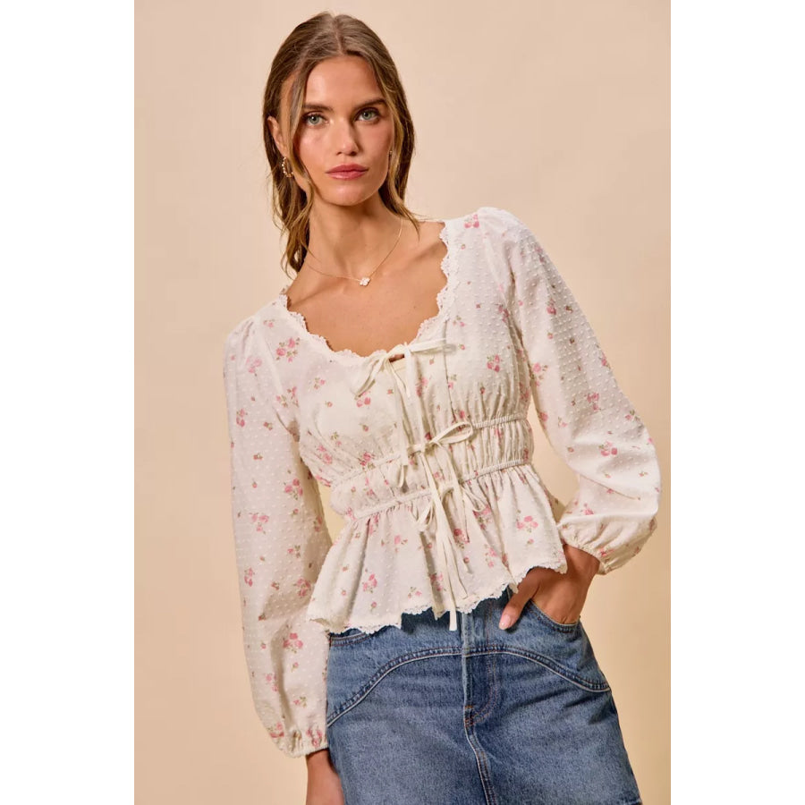 SO ME Floral Clip Dot Lace Trim Ruched Bodice Blouse Apparel and Accessories