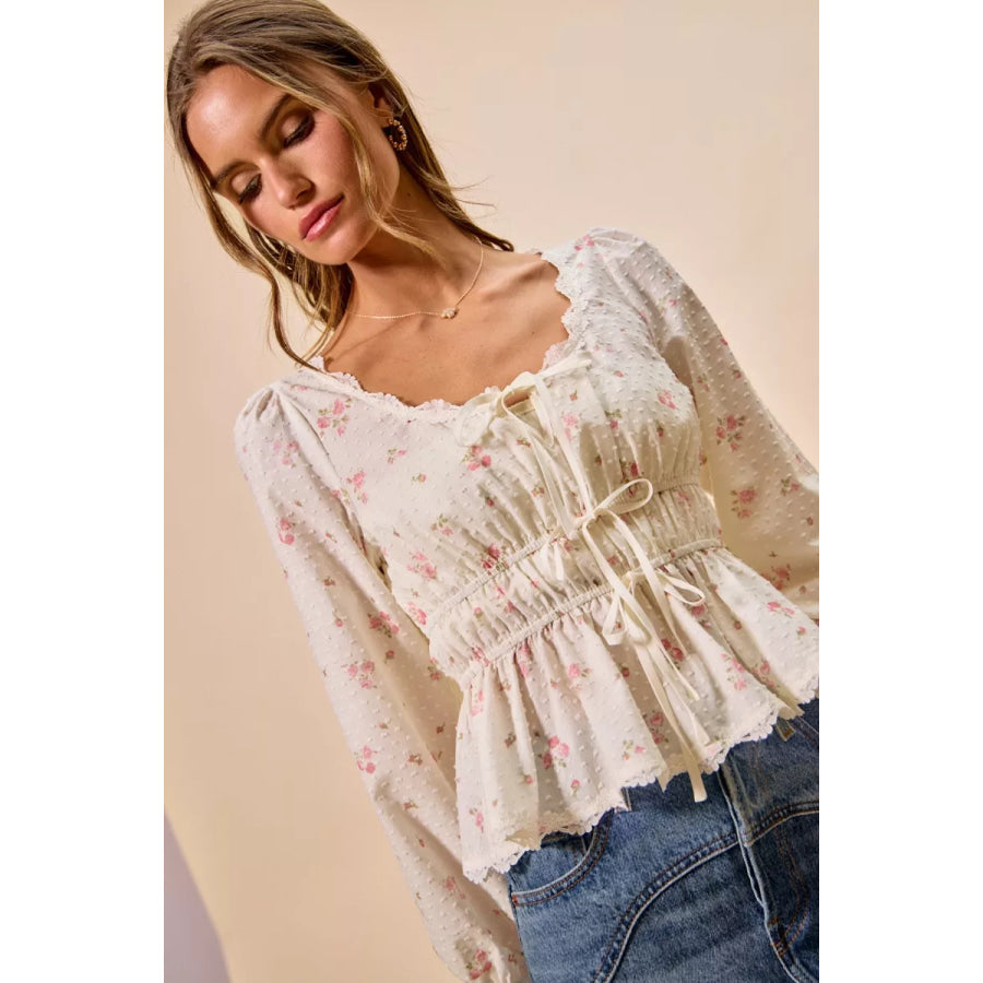 SO ME Floral Clip Dot Lace Trim Ruched Bodice Blouse Apparel and Accessories