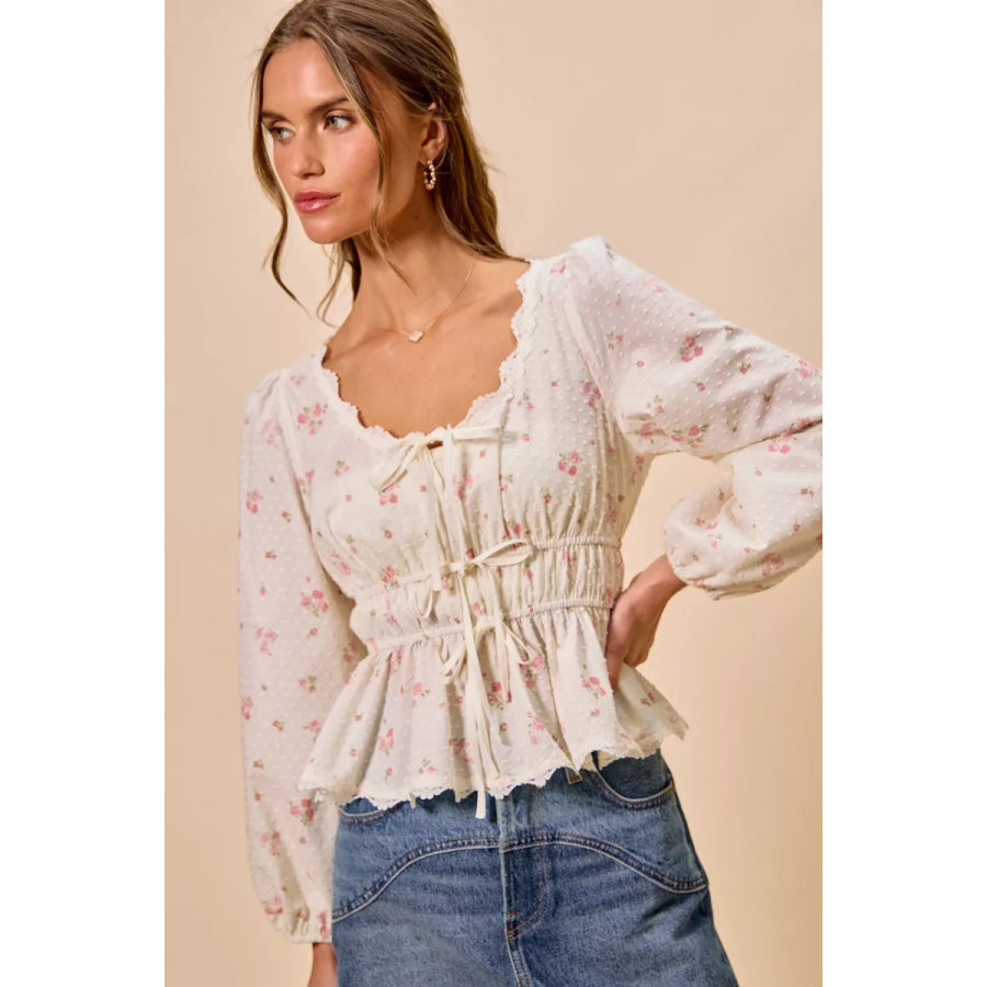 SO ME Floral Clip Dot Lace Trim Ruched Bodice Blouse Apparel and Accessories