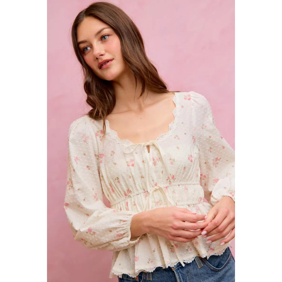 SO ME Floral Clip Dot Lace Trim Ruched Bodice Blouse Apparel and Accessories