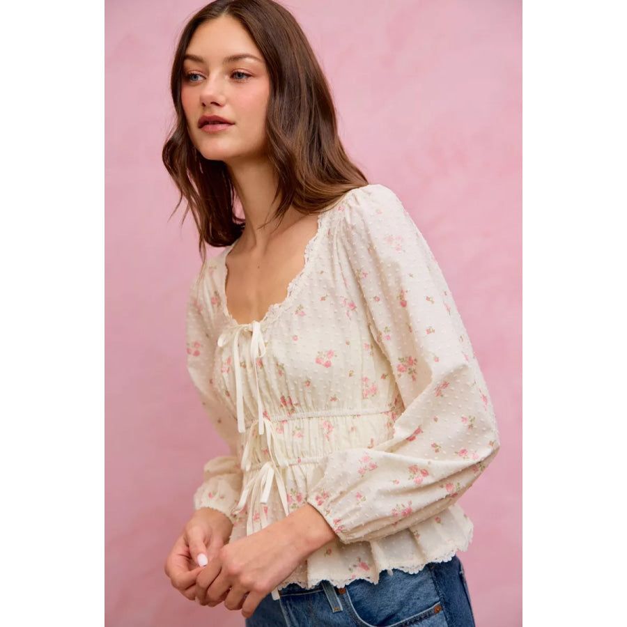 SO ME Floral Clip Dot Lace Trim Ruched Bodice Blouse Apparel and Accessories