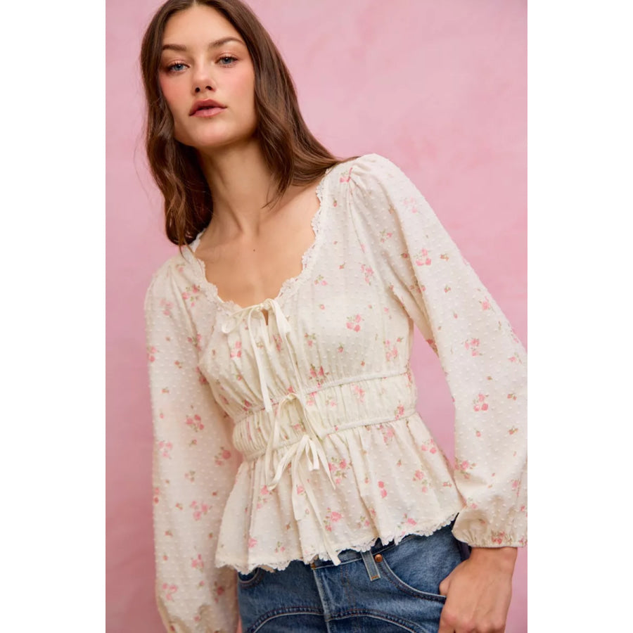 SO ME Floral Clip Dot Lace Trim Ruched Bodice Blouse Apparel and Accessories