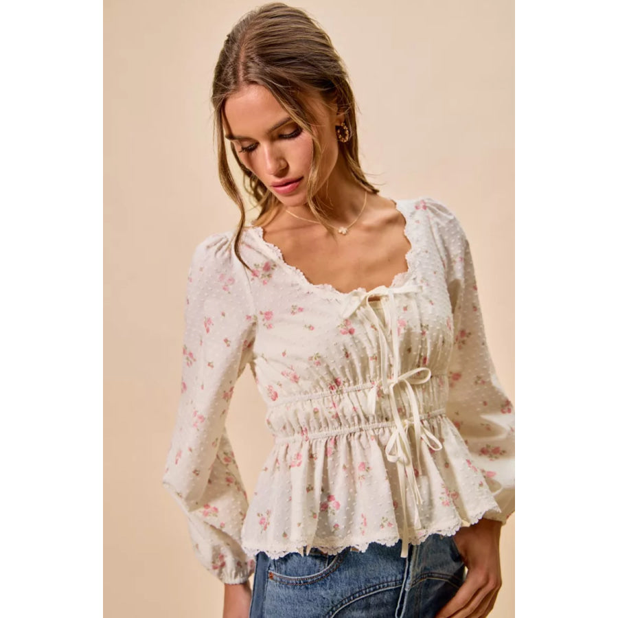 SO ME Floral Clip Dot Lace Trim Ruched Bodice Blouse Apparel and Accessories