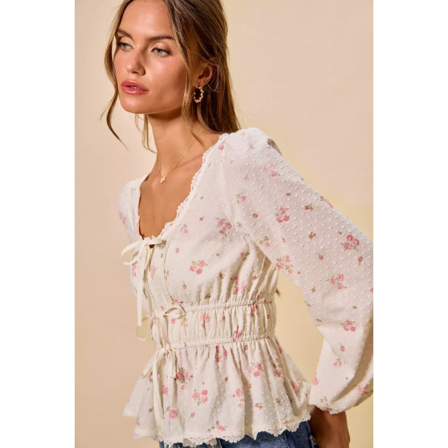 SO ME Floral Clip Dot Lace Trim Ruched Bodice Blouse Apparel and Accessories