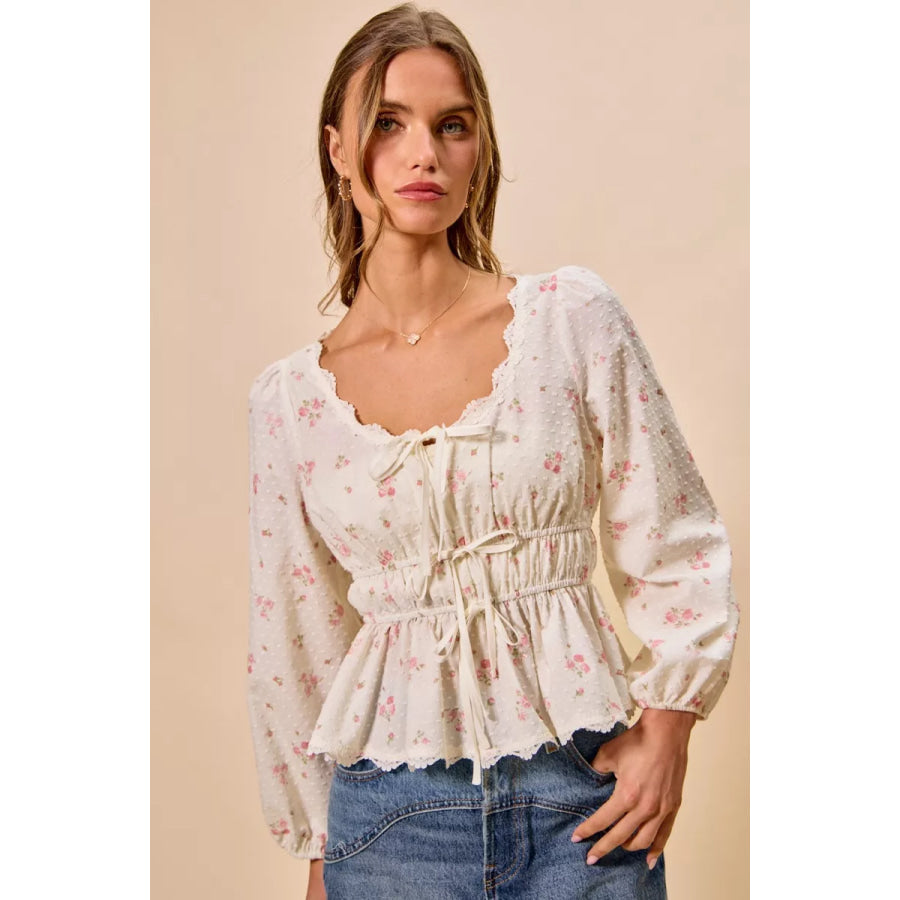 SO ME Floral Clip Dot Lace Trim Ruched Bodice Blouse WHITE / S Apparel and Accessories