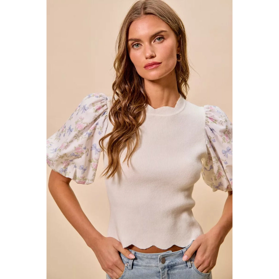 SO ME Floral Cotton Contrast Sleeves Scallop Sweater Top Apparel and Accessories
