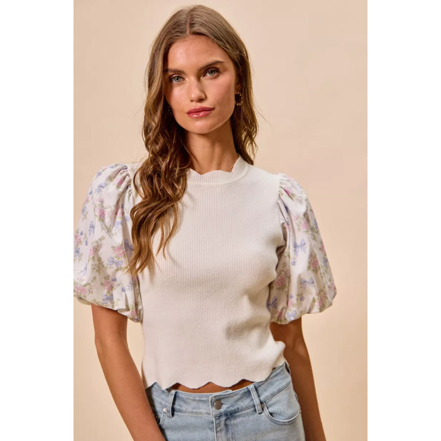 SO ME Floral Cotton Contrast Sleeves Scallop Sweater Top Apparel and Accessories