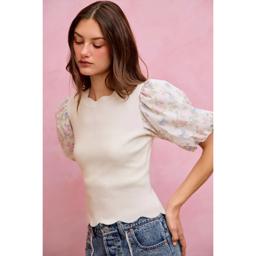 SO ME Floral Cotton Contrast Sleeves Scallop Sweater Top Apparel and Accessories