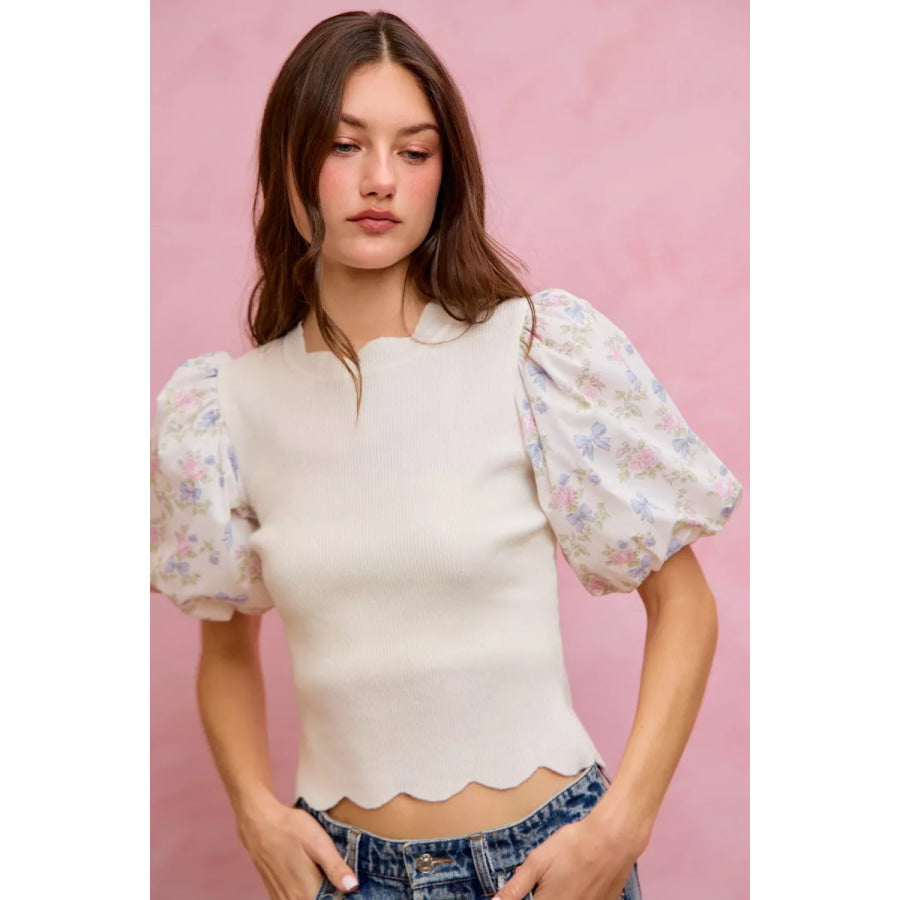 SO ME Floral Cotton Contrast Sleeves Scallop Sweater Top Apparel and Accessories