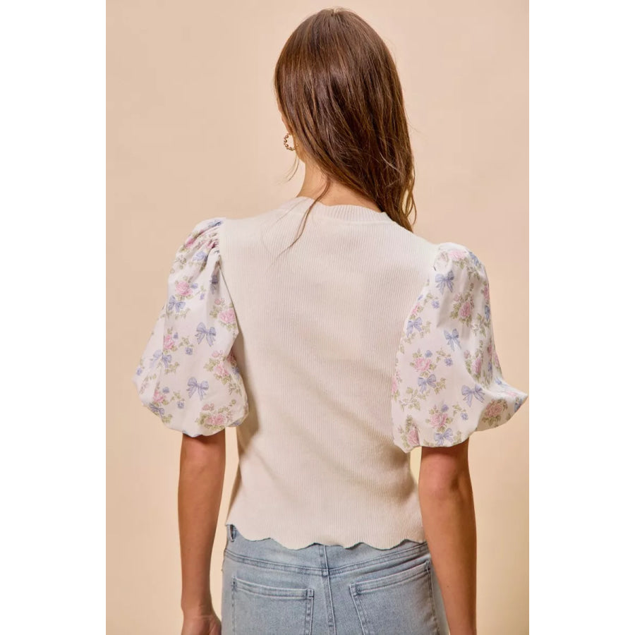 SO ME Floral Cotton Contrast Sleeves Scallop Sweater Top Apparel and Accessories