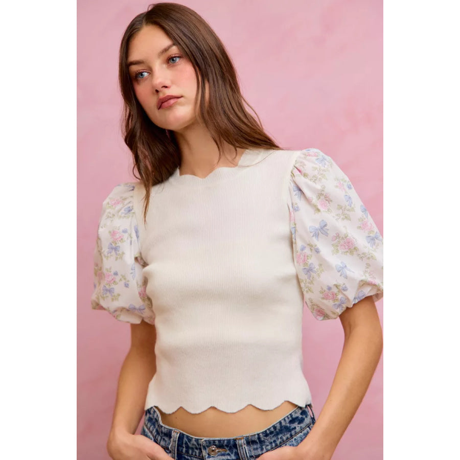 SO ME Floral Cotton Contrast Sleeves Scallop Sweater Top Apparel and Accessories