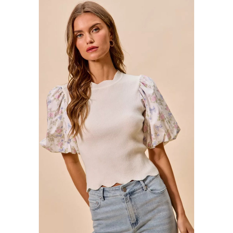 SO ME Floral Cotton Contrast Sleeves Scallop Sweater Top Apparel and Accessories