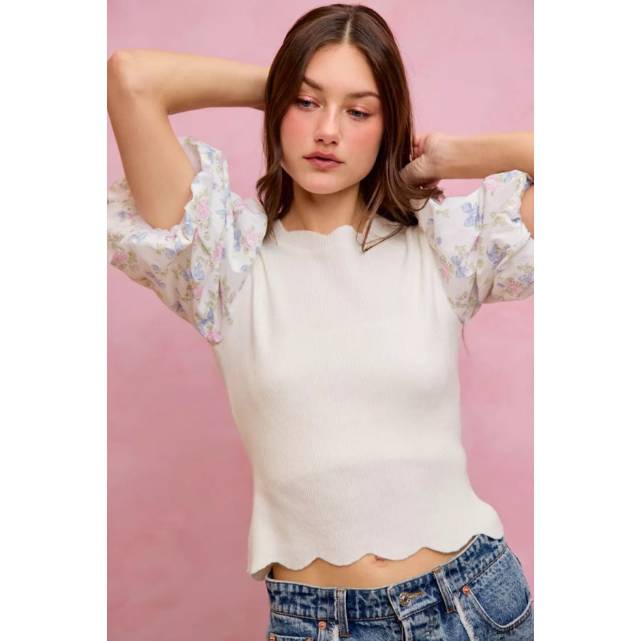 SO ME Floral Cotton Contrast Sleeves Scallop Sweater Top Apparel and Accessories