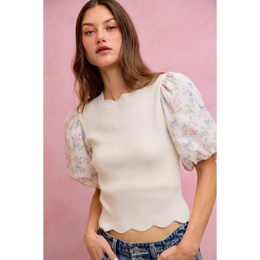 SO ME Floral Cotton Contrast Sleeves Scallop Sweater Top Apparel and Accessories