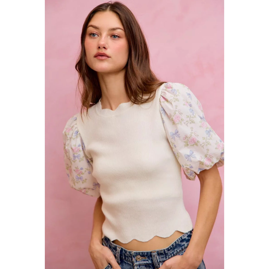 SO ME Floral Cotton Contrast Sleeves Scallop Sweater Top Apparel and Accessories