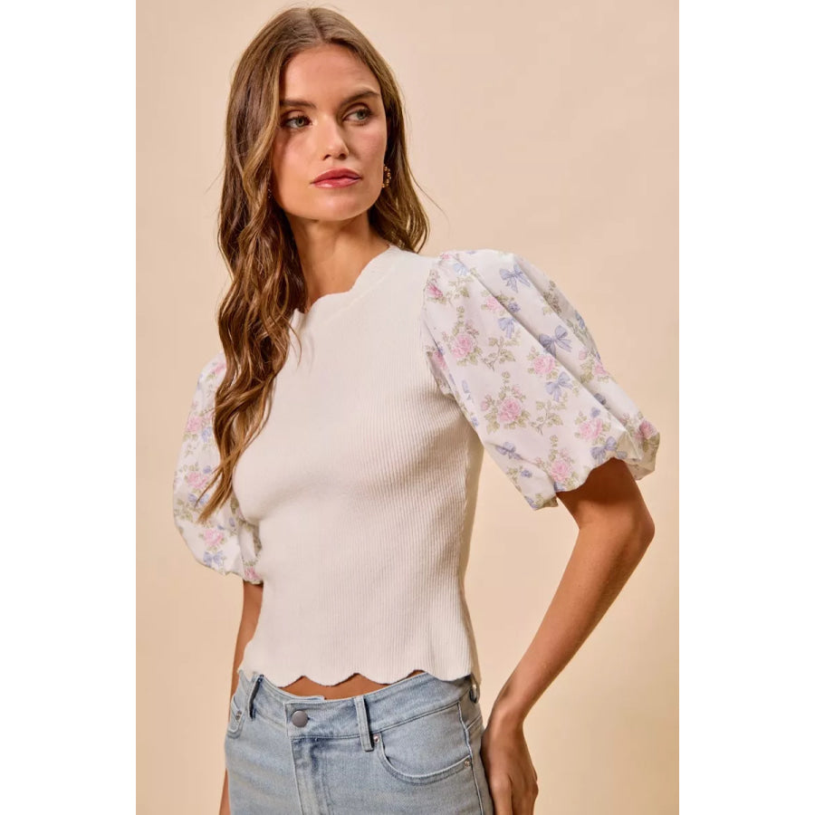 SO ME Floral Cotton Contrast Sleeves Scallop Sweater Top Apparel and Accessories