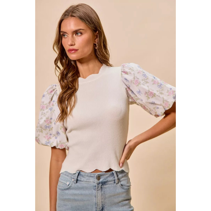 SO ME Floral Cotton Contrast Sleeves Scallop Sweater Top Apparel and Accessories