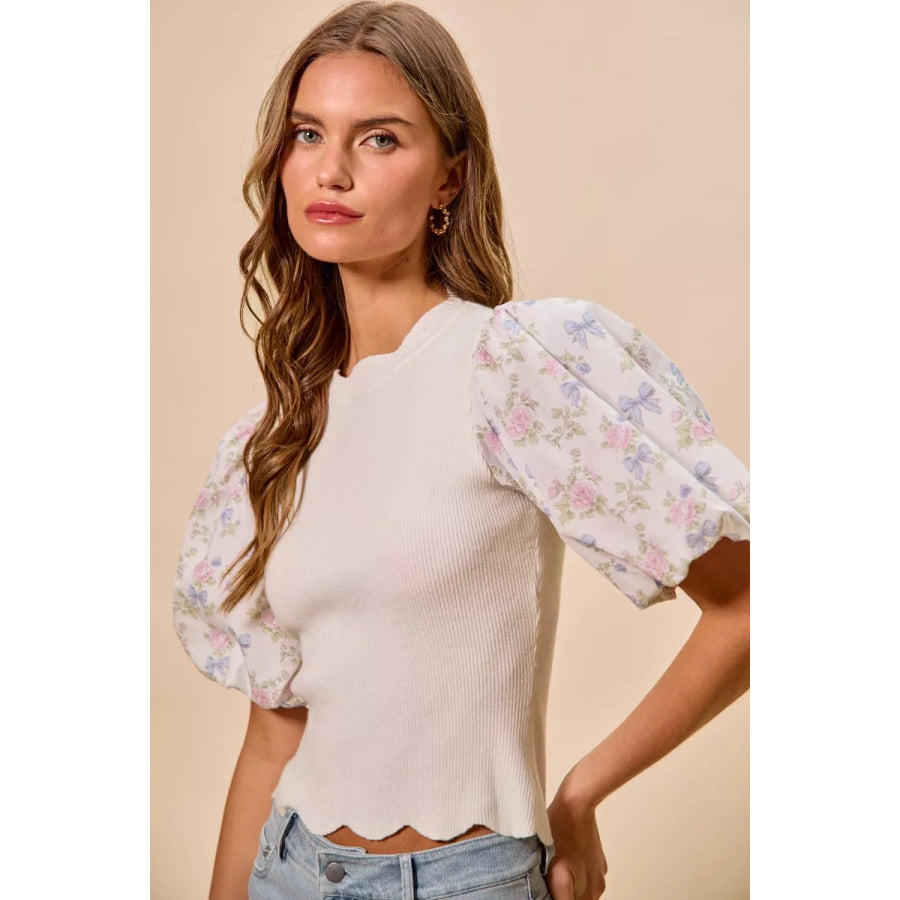 SO ME Floral Cotton Contrast Sleeves Scallop Sweater Top Apparel and Accessories